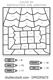 Color by addition and subtraction, education game for children, House