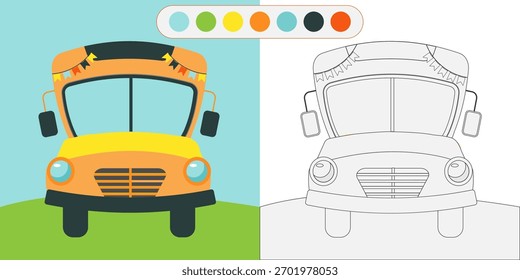 Cor por exemplo, um ônibus alegre com bandeiras, página de coloração, atividade para crianças, transporte, desenvolvimento infantil, quebra-cabeça