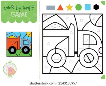 Color by geometric shape, educational game for kids, cartoon style truck