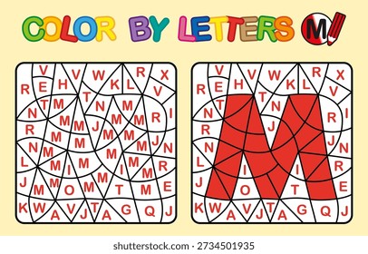 Color by letter M coloring page. Puzzle game for preschool education