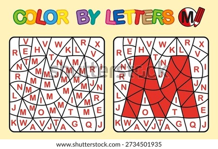 Color by letter M coloring page. Puzzle game for preschool education