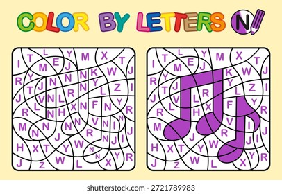Color por letra N. Nota. Flor para colorear. Puzzle juego para la educación de los niños