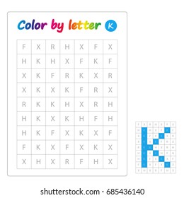 Color by letters. Learning alphabet, letters. worksheet for preschool children, kids. ABC Coloring Book for children. Puzzle for children. Letter K.