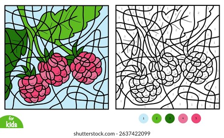 Color by number activity with a cute raspberry branch. Black and white educational coloring page for kids. Printable summer fruit worksheet with three juicy berries