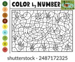 Color by number activity page for kids with a mother duck with her duckling in the pond. Farm animal  puzzle game for school and preschool. Vector illustration