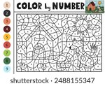 Color by number activity page for kids with a cute dog sitting near his doghouse. Funny animal character  puzzle game for school and preschool. Vector illustration