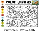 Color by number activity page for kids with a cute mother turkey and her baby chick. Farm animal scene puzzle game for school and preschool. Vector illustration