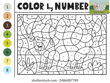 Color by number activity page for kids with a cute sheep. Farm animal scene puzzle game for school and preschool. Vector illustration