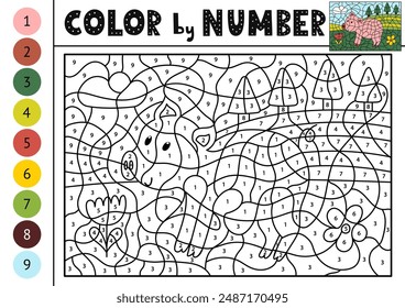 Color by number activity page for kids with a cute pig. Farm animal scene puzzle game for school and preschool. Vector illustration