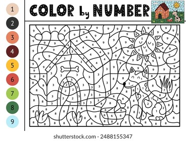 Color by number activity page for kids with a cute dog sitting near his doghouse. Funny animal character  puzzle game for school and preschool. Vector illustration