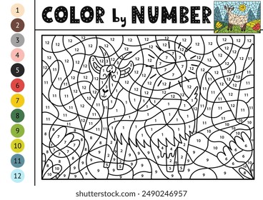 Color by number activity page for kids with a cute goat. Farm animal scene puzzle game for school and preschool. Vector illustration