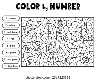 Color by number activity page in outline for kids with a mother hen and her baby chicks. Farm animal scene game for coloring. Vector illustration