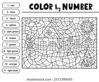 Color by number activity page in outline for kids with a house and a dog. Farm scene black and white puzzle game for school and preschool. Vector illustration
