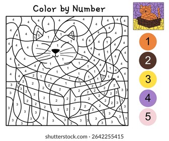 Color by number activity page for kids with a cute cat in a box. Funny feline character puzzle game for school and preschool. Vector illustration