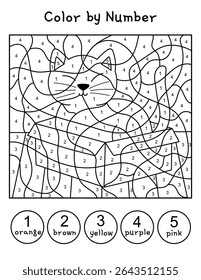 Color by number activity page in outline for kids with a cute cat in a box. Black and white feline character puzzle game for school and preschool. Vector illustration