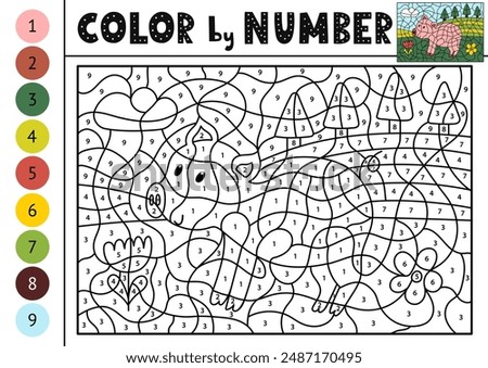 Color by number activity page for kids with a cute pig. Farm animal scene puzzle game for school and preschool. Vector illustration