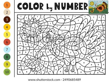 Color by number activity page for kids with a cute mother turkey and her baby chick. Farm animal scene puzzle game for school and preschool. Vector illustration