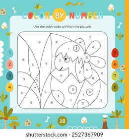 Color by number – baby Dino. Dinosaurs Activities for kids.  Coloring page for activity book. Vector illustration. Logic Game for boost of fine motor skills, thinking, attention, learning of numbers.