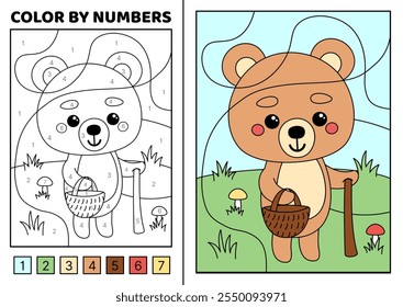 Color by number. Bear with basket is looking for mushrooms. Coloring page. Game for kids. Kawaii, cartoon, vector. Isolated vector illustration eps 10