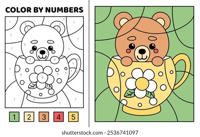 Color by number. Bear in big yellow cup. Coloring page. Game for kids. Kawaii, cartoon, vector. Isolated vector illustration eps 10