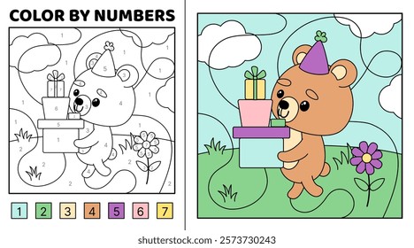 Color by number. Bear is carrying stack of gifts . Coloring page. Game for kids. Kawaii, cartoon, vector. Isolated vector illustration eps 10