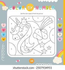 Color by number – beautiful unicorn. Pony Activities for kids.  Coloring page. Vector illustration. Square format. Logic Game for boost of fine motor skills, thinking, attention, learning of numbers.