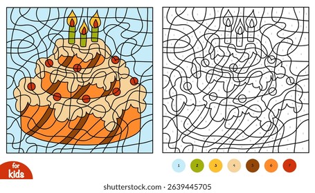 Color by number birthday cake. Cute cartoon three-tier dessert with candles, contour drawing and numbered areas. Fun printable activity for kids to learn colors and celebrate a party.