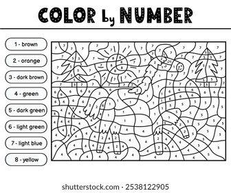 Color by number black and white activity page for kids with a cute horse. Farm animal game in outline for school and preschool. Vector illustration