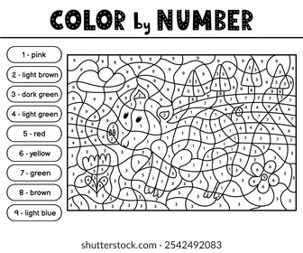Color by number black and white activity page for kids with a cute pig. Farm animal scene puzzle game in outline for school and preschool. Vector illustration