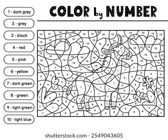 Color by number black and white activity page for kids with a cute donkey. Farm animal scene puzzle game in outline. Vector illustration