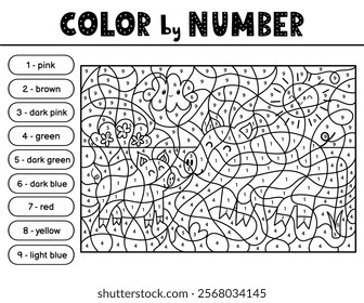 Color by number black and white activity page for kids with a cute mother pig and a piglet. Farm animal puzzle game in outline for school and preschool. Vector illustration