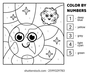 Color by number. Black and white. Earth and Moon. Coloring page. Game for kids. Isolated vector illustration eps 10