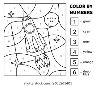 Color by number. Black and white. Green rocket, planet in space. Coloring page. Game for kids. Isolated vector illustration eps 10