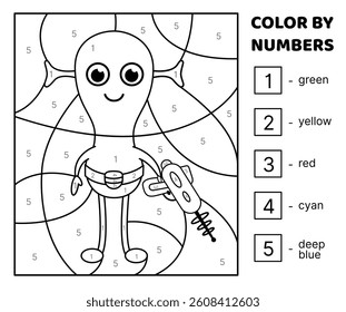 Color by number. Black and white. Green alien with blaster. Coloring page. Game for kids. Isolated vector illustration eps 10