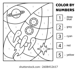 Color by number. Black and white. Flying rocket in open space. Coloring page. Game for kids. Isolated vector illustration eps 10