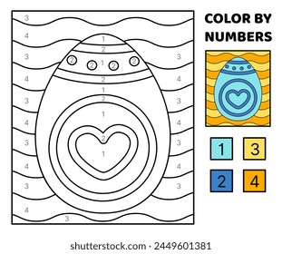 Color por número. Huevo de Pascua azul con corazón. Dibujo para colorear. Juego para niños. Caricatura, Vector. Ilustración vectorial aislada eps 10