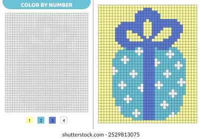 Color by number. Blue gift box. Pixel coloring book. Numbered squares. Game for kids. Pixel art. Isolated vector illustration eps 10