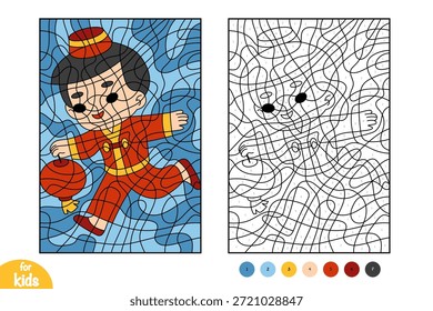 Colorir por número сmenino mudo com lanterna em traje tradicional de Ano Novo Chinês. Atividade de coloração divertida e educacional para crianças. Ilustração vetorial