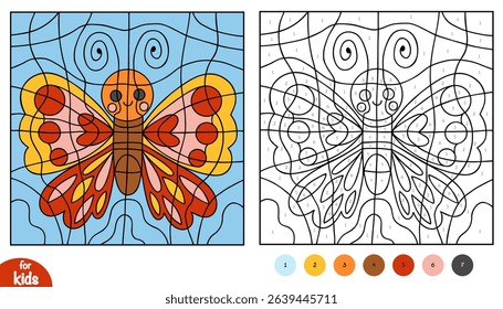 Color by number butterfly for kids. Educational printable coloring page with cute cartoon insect, contour lines and numbered areas. Fun preschool activity to learn colors and numbers