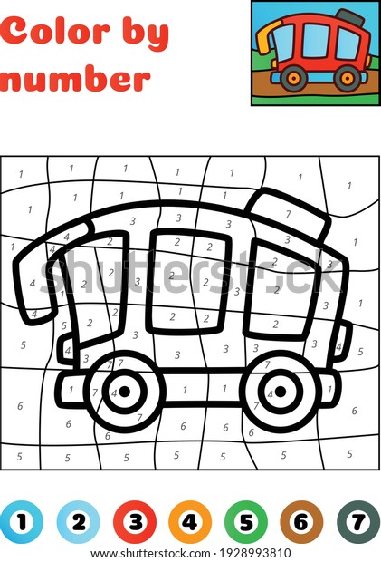 Color by\
number cartoon cute red bus. Vector\
EPS10