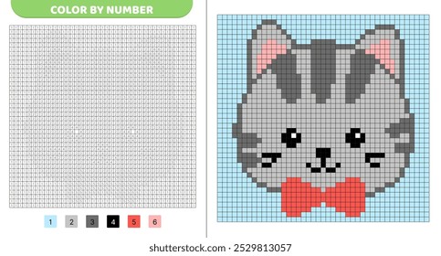 Color by number. Cat boy with red bow. Ice cream. Pixel coloring book. Numbered squares. Game for kids. Pixel art. Isolated vector illustration eps 10