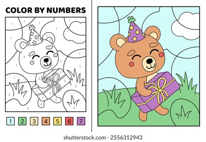 Color by number. Cheerful bear and gift on Birthday. Coloring page. Game for kids. Kawaii, cartoon, vector. Isolated vector illustration eps 10