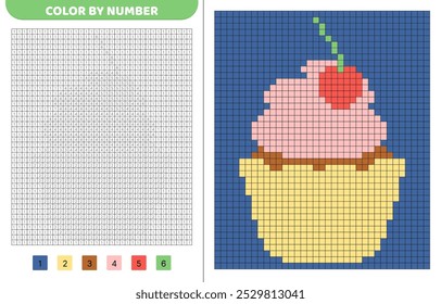 Colorir por número. Cereja cupcake. Livro de cores de pixels. Quadrados numerados. Jogo para crianças. Pixel art. Ilustração vetorial isolada eps 10
