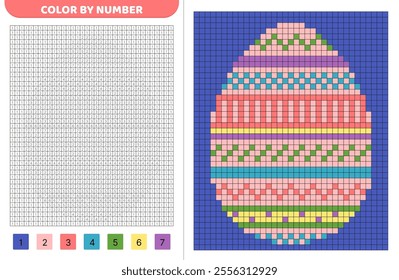 Color by number. Colorful egg with patterns. Pixel coloring book. Numbered squares. Game for kids. Pixel art. Isolated vector illustration eps 10
