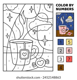 Color by number. Cup against the background of the starry sky. Coloring page. Game for kids. Vector. Isolated vector illustration eps 10