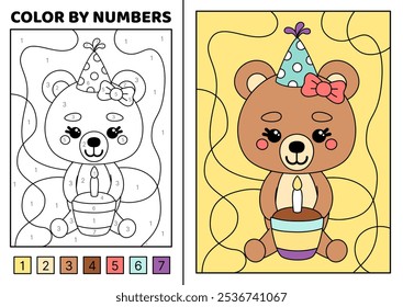 Colorir por número. Cupcake e menina urso. Colorindo página. Jogo para crianças. Kawaii, desenho animado, vetor. Ilustração vetorial isolada eps 10