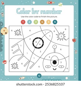 Color by number – cute alien and rocket. Outer Space Activities for kids.  Coloring page for activity book. Vector illustration. Logic Game for boost of fine motor skills, thinking, attention, 