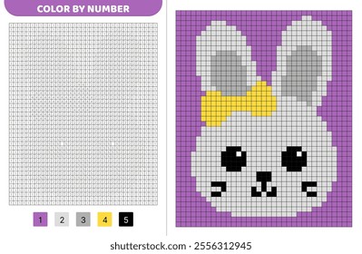 Color by number. Cute bunny with bow. Pixel coloring book. Numbered squares. Game for kids. Pixel art. Isolated vector illustration eps 10