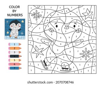 Color by number. Cute cartoon penguin on skates. Educational game for preschool children. Learn numbers. Winter coloring page. Activity worksheet. Kawaii animal.