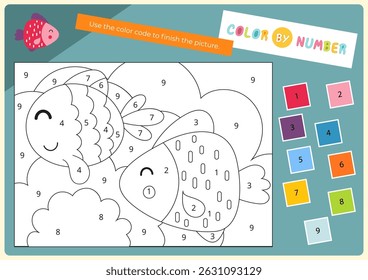 Color by number – cute fish. Animals Activities for kids.  Coloring page for activity book. Vector illustration. Logic Game for boost of fine motor skills, thinking, attention, learning of numbers.